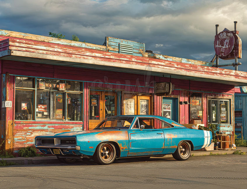 Cinematic Autos Print Series: Western Cafe and Weathered Muscle Race Cars Hot Rods and Bikes