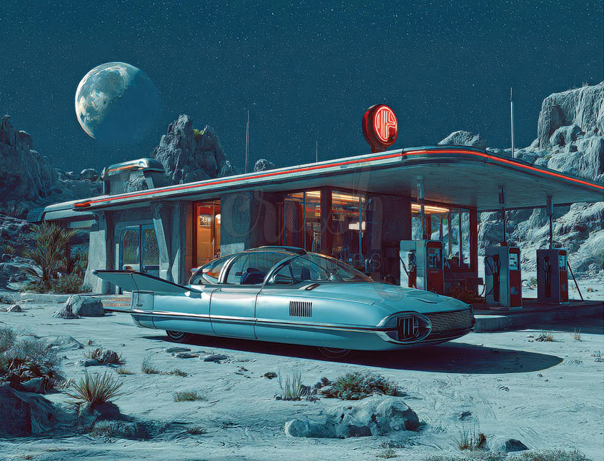 Cinematic Autos Print Series: Desert Cruiser at Gas Station Race Cars Hot Rods and Bikes