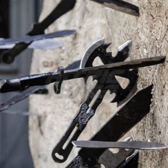 Tomahawks, Machetes and Knives Target of Tree Trunks Martial Arts Training